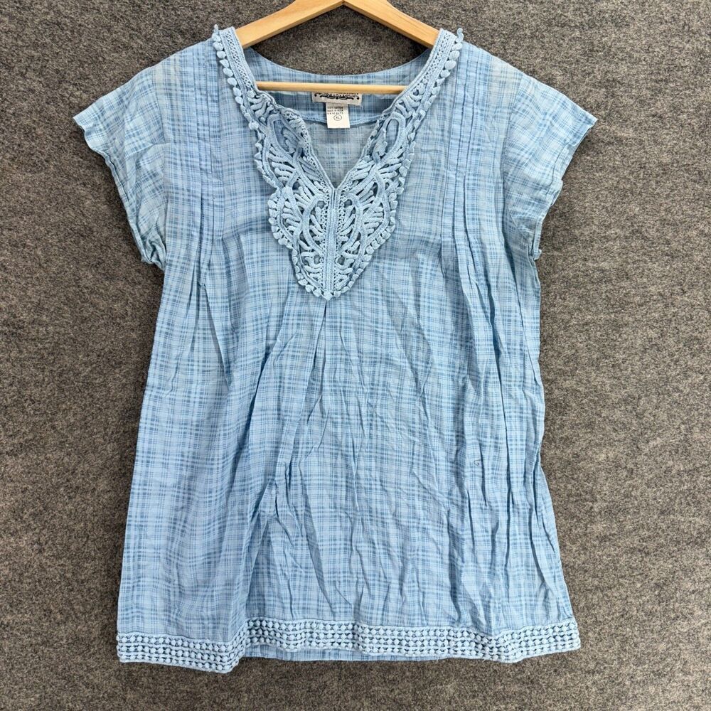 New Directtion Blouse Women XL Blue Plaid V-Neck Short Sleeve Cotton Casual